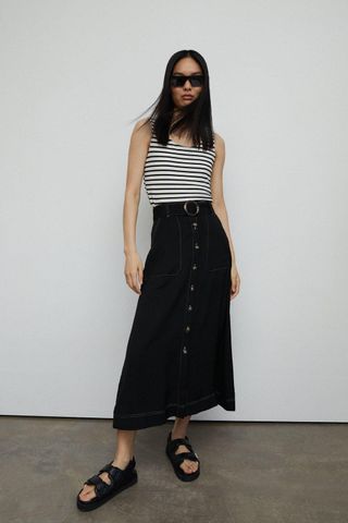 Warehouse + Petite Twill Topstitch Belted Midi Skirt