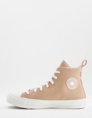 Converse + Chuck Taylor All Star Hi Cosy Club Trainers in Tan Leather With Borg Lining