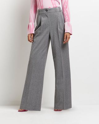 River Island + Grey Pleated Wide Leg Trousers