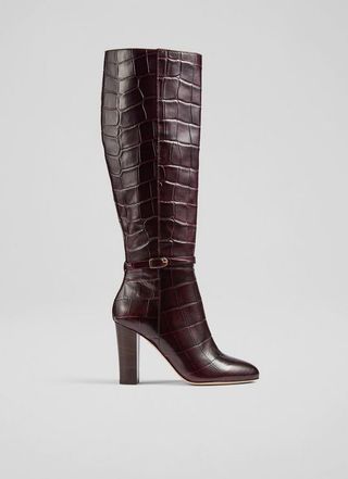 LK Bennett + Morgan Brown Croc-Effect Leather Knee-High Boots