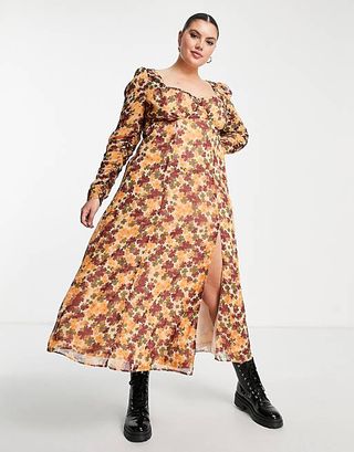 Asos Curve + Curve Sweetheart Neck Ruched Midi Tea Dress in Retro Bloom Print
