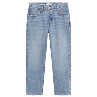 Mango + Ankle Length Straight Fit Jeans in Mid Blue
