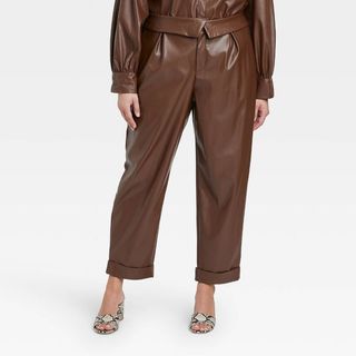 Who What Wear x Target + Faux Leather Mid-Rise Straight Leg Trousers