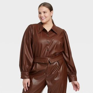 Who What Wear x Target + Faux Leather Bishop Long Sleeve Button-Down Shirt