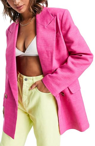 Topshop + Double Breasted Bold Shoulder Blazer in Bright Pink