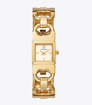 Tory Burch + Double T Link Watch, Gold-Tone Stainless Steel/Ivory