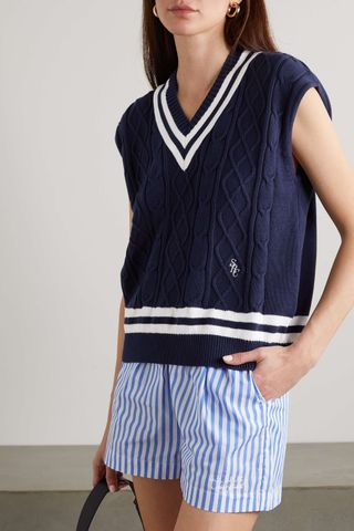 Sporty & Rich + Ariana Embroidered Striped Cable-Knit Cotton Vest