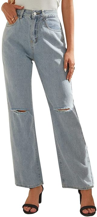 Longbida + High Waisted Stretch Wide Leg Straight Denim Jeans