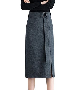 Springrain + Stretch Wool Blend Midi Pencil Skirt With Belt