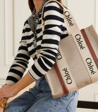Chloé + Woody Medium Leather-Trimmed Cotton-Canvas Tote