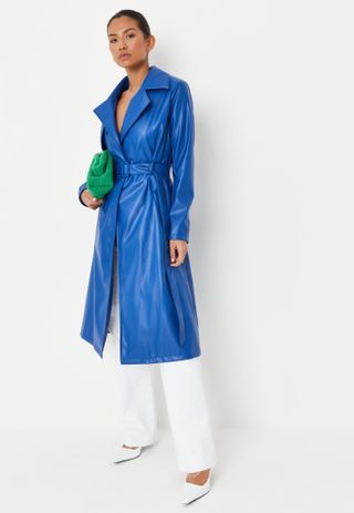 Missguided + Blue Faux Leather Trench Coat