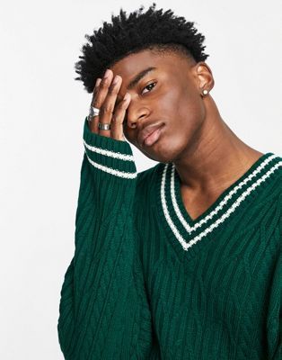 ASOS + Cable Knit Cricket Jumper in Bottle Green