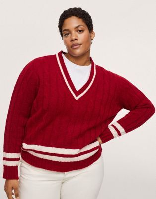 Mango + Curve Cable Knit Varsity Jumper in Red With White Stripes
