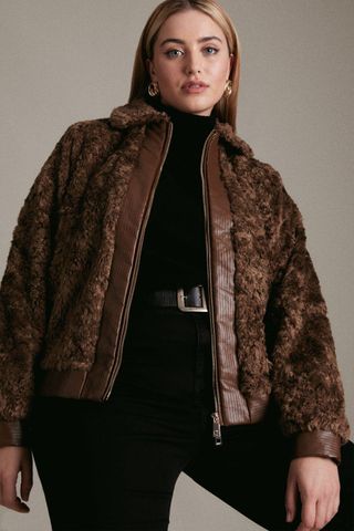 Karen Millen + Curve Textured Faux Fur Pu Bomber Jacket