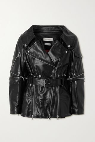 Alexander McQueen + Zip-Detailed Leather Peplum Biker Jacket