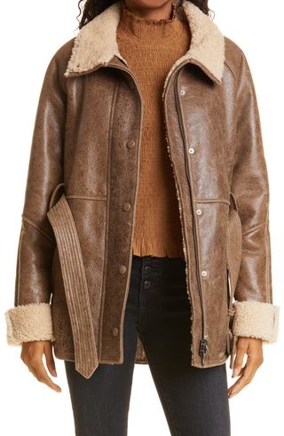 Veronica Beard + Bonny Leather Coat With Genuine Shearling Trim