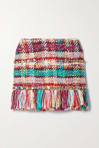 Area + Embellished Fringed Checked Tweed Mini Skirt