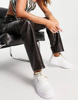 ASOS + Low Rise Leather Look Straight Leg Trouser in Chocolate Croc