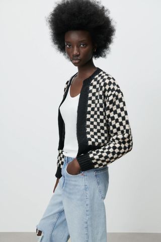 Zara + Cropped Knit Checkered Cardigan