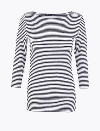 Marks & Spencer + Cotton Rich Striped Fitted 3/4 Sleeve Top