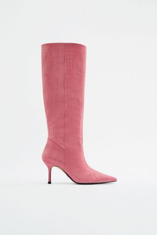 Zara + Animal Print Leather Heeled Boots