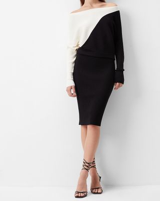 Express + Color Block Asymmetrical Off the Shoulder Midi Sweater Dress