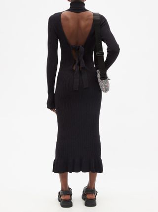 Ganni + Roll-Neck Tie-Back Ribbed Sweater Dress