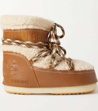 Chloé + Moon Boot + Leather and Shearling Snow Boots
