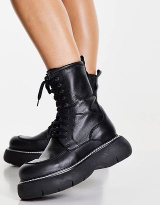 Topshop + Apis Leather Chunky Lace Up Boot