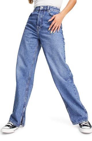 Topshop + Oversize High Waist Slit Hem Mom Jeans