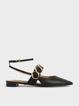 Charles & Keith + Black Satin Scarf Leather Ballet Pumps