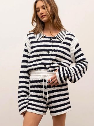 Moon River + Stripe Cable Cardigan Sweater