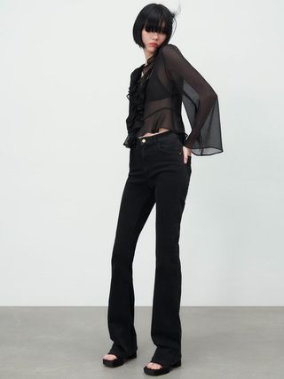 Zara + Semi-Sheer Blouse With Ruffles