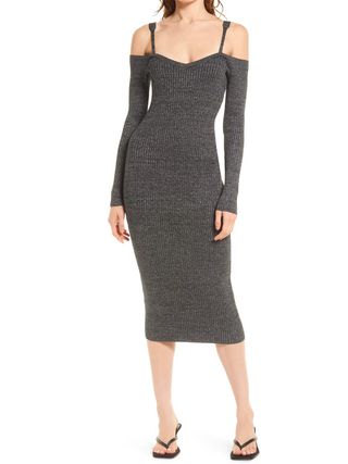 Open Edit + Ribbed Off the Shoulder Long Sleeve Sweater Dress