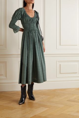 Dôen + Kaira Smocked Printed Organic Cotton-Voile Midi Dress