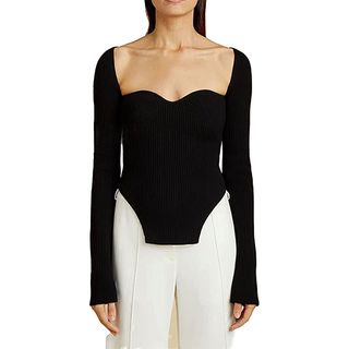 Akivide + Square Neck Ribbed Knitted Sweater Long Sleeve Crop Slim Fitted Pullover Top