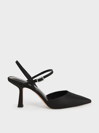Charles & Keith + Black Satin Ankle-Strap Pumps