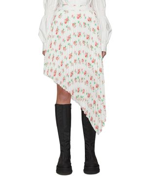 Ming Ma + Floral Print Asymmetric Hem Pleated Skirt
