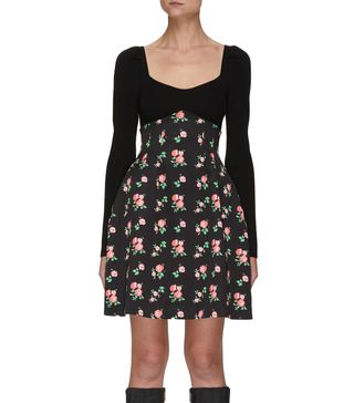 Ming Ma + Knitted Bodice Floral Print Dress