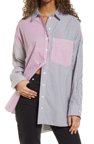 Topshop + Patchwork Stripe Oversize Button-Up Shirt