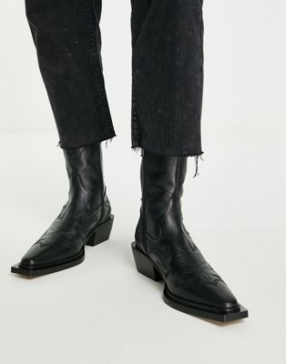 Topshop + Ariel Premium Leather Stitched Western Boot in Black