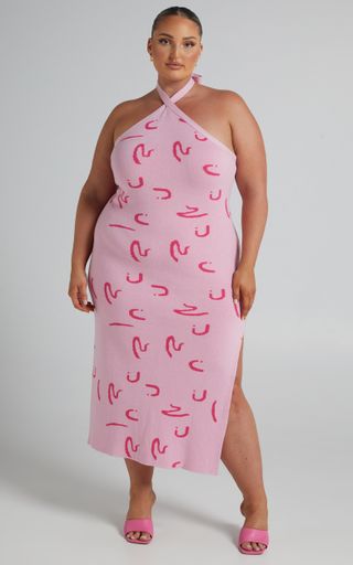 Showpo + Jenni Tie Up Halter Knit Midi Dress in Pink Print