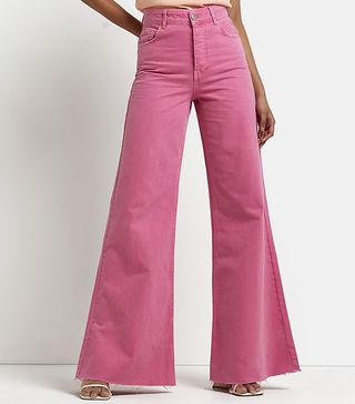 River Island + Pink High Waisted Ultra Flared Jeans