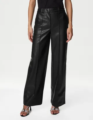 Marks & Spencer + Leather Look Pintuck Wide Leg Trousers