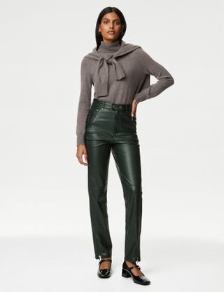 M&S Collection + Leather Look Slim Fit Biker Trousers