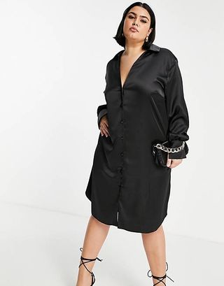 ASOS Design + Slouchy Satin Plunge Shirt Midi Dress in Black