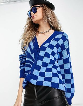 ASOS Design + Long Line Cardi in Mixed Animal and Check Pattern in Blue
