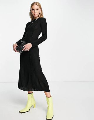 ASOS Design + Long Sleeve Midi Dress in Black With Exposed Seams