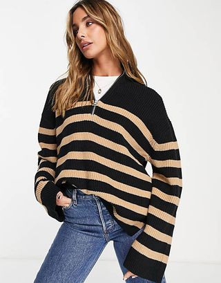 & Other Stories + Striped Zip Up Recycled Polyamide Sweater in Black and Beige