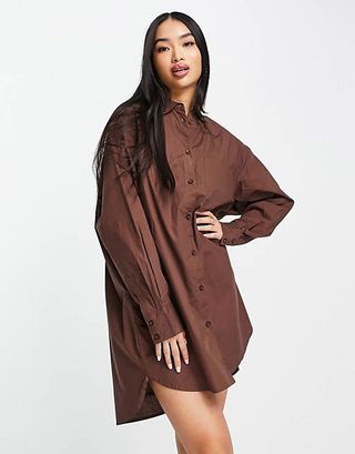 Monki + Organic Cotton Oversized Beach Shirt in Brown